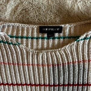 Repeat Women's Striped Crewneck Sweater - Cream, Red, Green